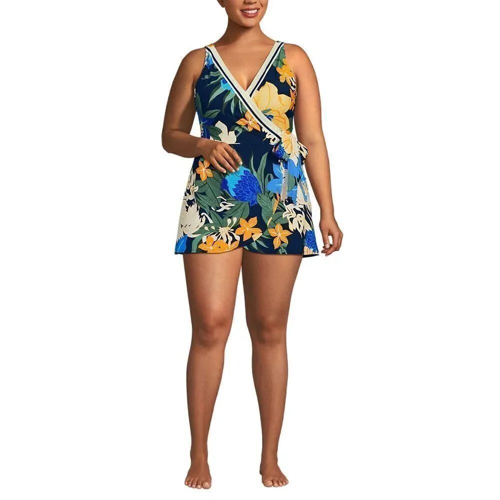 Land's End Slender Suit Wrap Dress soft tie navy floral Blooms border size Var